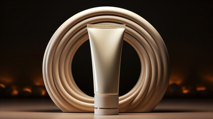 A minimalist image of an empty tube of cosmetics in the center of the catwalk. Luxurious studio lighting. Generative AI