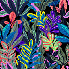 Seamless pattern with decorative tropical plants. Illustration for the design of fabric, wrapping paper, wallpaper and other.