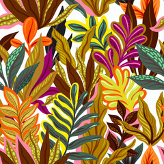 Seamless pattern with decorative tropical plants. Illustration for the design of fabric, wrapping paper, wallpaper and other.
