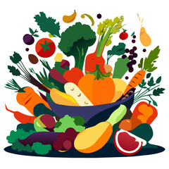 Fruits and vegetables in a bowl. Vector illustration of a healthy food. AI Generated