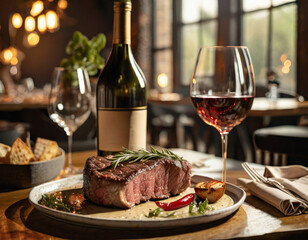 Delicious Grilled Steak with Rosemary, Served with Roasted Veggies and Wine