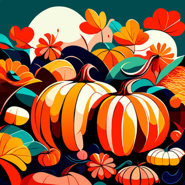 Autumn background with pumpkins and flowers. Vector illustration in doodle style generative AI