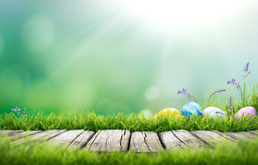Painted easter eggs in the grass celebrating a Happy Easter in spring with a green grass meadow and bright cool sunlit background with copy space & rustic wooden bench to display products.