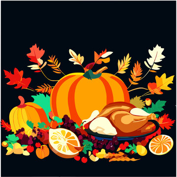 Thanksgiving day vector illustration with roasted turkey, pumpkins and autumn leaves Generative AI