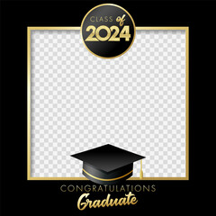Class of 2024 Graduation party photo frame for booth. 2024 congratulation graduate design with text and academic hat. Vector illustration