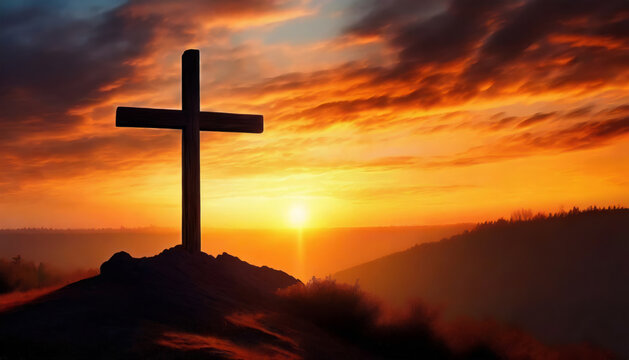 A Serene Sunset Silhouette of a Cross, Illuminated by the Light of God