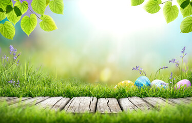 Obraz premium Painted easter eggs in the grass celebrating a Happy Easter in spring with a green grass meadow, tree leaves and bright sunlight background & rustic wooden bench to display products.