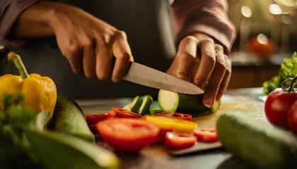 Fotobehang Chef Preparing Fresh Vegetable Salad on a Cutting Board © SashaMagic
