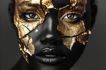 Portrait of a person of African descent partially covered in gold paint, creating a cracked effect, symbolizing beauty in imperfection