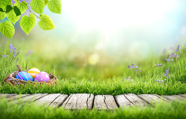 Painted easter eggs in a birds nest celebrating a Happy Easter in spring with a green grass meadow, tree leaves, bluebells and bright sunlight background & rustic wooden bench to display products.