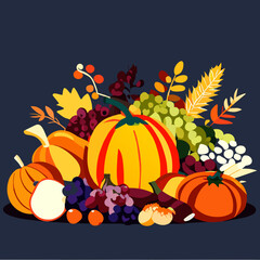 Obraz na płótnie Canvas Autumn harvest flat vector illustration. Fall background with pumpkins, berries, leaves, apples, berries. Generative AI