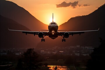 Silhouetted airplane flying in the mountains at sunset with colorful sky and majestic scenery