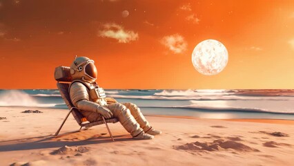 Astronaut relax on beach at the other planet background. Summer vacation and adventure concept. Generative ai.