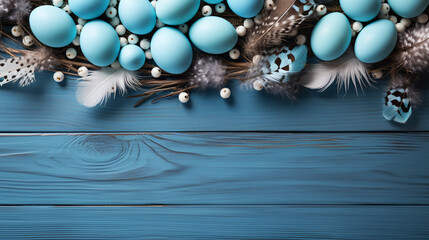 Easter eggs and feathers on blue wooden background. Top view with copy space. AI Generative