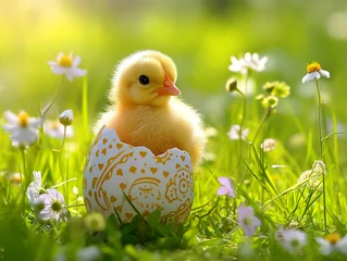 Fotobehang A small yellow chicken sits in the half of an Easter egg on a background of green grass and flowers © Mari