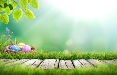 Painted easter eggs in a birds nest celebrating a Happy Easter in spring with a green grass meadow, tree leaves and bright sunlight background with a rustic wooden bench to display products. - obrazy, fototapety, plakaty