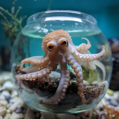 A cute little octopus in a small round fish tank Ai generated art