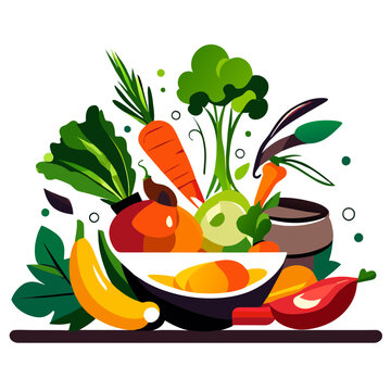 Vegetables and fruits in bowl. Vector illustration in flat style generative AI