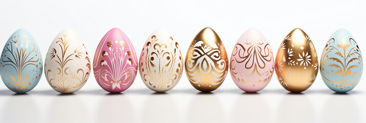 pastel colors and gold Easter eggs hand painted folklore pattern flat lay, minimalist