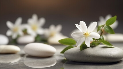 Fototapeta na wymiar Soothing zen-like background with pebbles and jasmine flowers 4