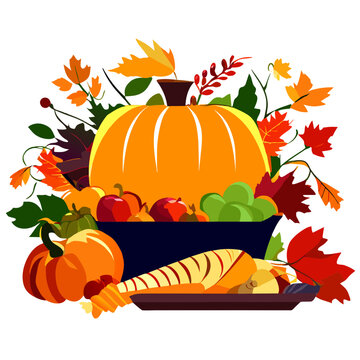 Thanksgiving Day background with pumpkins and autumn leaves. Vector illustration. AI Generated