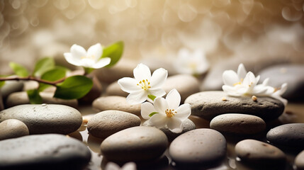 Fototapeta na wymiar Soothing zen-like background with pebbles and jasmine flowers 2