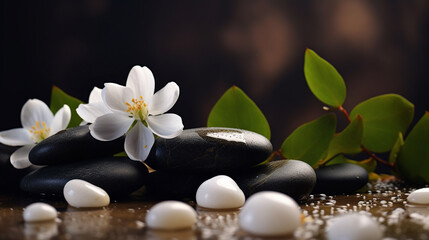 Fototapeta na wymiar Soothing zen-like background with pebbles and jasmine flowers 3