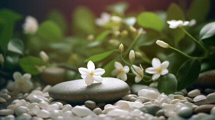 Soothing zen-like background with pebbles and jasmine flowers