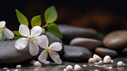 Obraz na płótnie Canvas Soothing zen-like background with pebbles and jasmine flowers 1