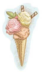 Ice cream in a waffle cone retro by hand drawn