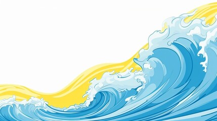 Fototapeta na wymiar Vibrant blue and yellow cartoon ocean wave: perfect copy space for pool party or beach travel web banners