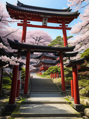 Japanese temple sid cherry blossom tree Generative AI
