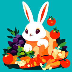 Obraz premium Easter bunny with carrots, grapes and tomatoes. Vector illustration. generative AI