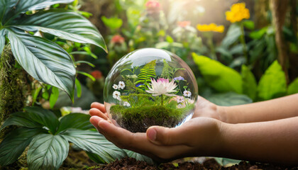 Glass ball with green plants in children's hands. A symbol of environmental friendliness and protection of nature.