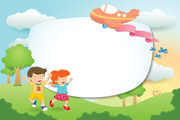 Cartoon happy young boy and girl with airplane flying above them on natural background