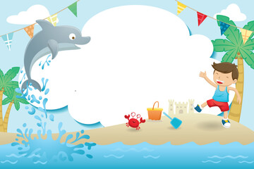 frame template cartoon, a boy playing in the beach with cute dolphin