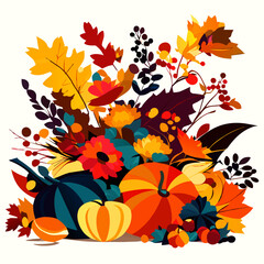 Fototapeta na wymiar Autumn background with pumpkins, flowers and leaves. Vector illustration. Generative AI