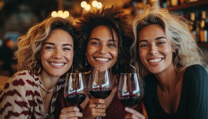 Diverse smiling women friends enjoying wine at an indoor wine tasting, attractive cute face, light makeup, fun smile expression. Party celebration success. Hen party, maidenly, girlish.