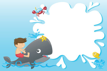 Fototapeta premium Frame template cartoon with little boy ride on funny whale, funny marine animals