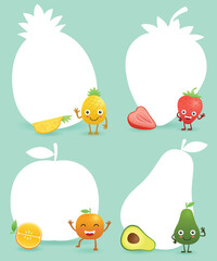 Funny cartoon fruits with blank sign