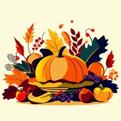 Naklejka premium Thanksgiving background with pumpkins and autumn leaves. Vector illustration. generative AI