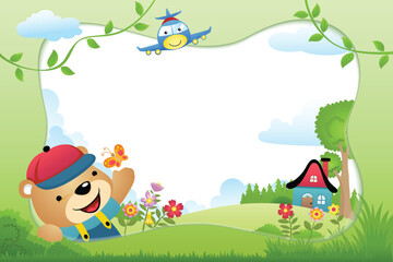 frame border cartoon with funny bear and a plane on nature background