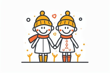 Fototapeta premium An endearing animated cartoon of two girls, portrayed in a simple and charming clipart style, captured in a heartwarming illustration as they hold hands in friendship