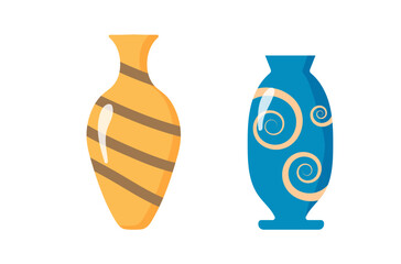 A collection of ceramic vases.Kitchen utensils, clay bowls and pots.Elements of the interior.Colored ceramic vases objects, antique cups with flowers, floral and abstract patterns.Vector illustration