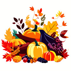 Obraz na płótnie Canvas Autumn harvest, pumpkins, apples, berries and leaves. Vector illustration. AI Generated
