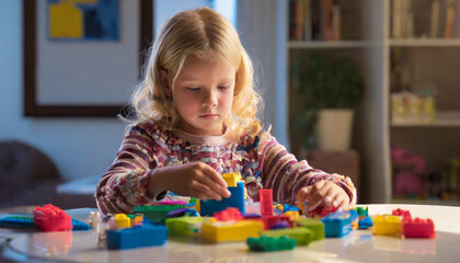 Girl child enthusiastically folds a multi-colored construction set