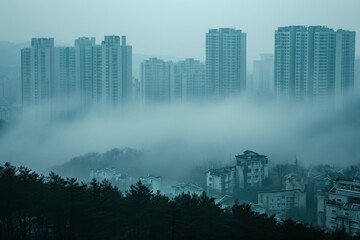 A mystical metropolis emerges from the misty mountains, with towering trees and skyscrapers creating a surreal landscape shrouded in a hazy fog
