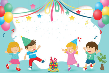 Obraz na płótnie Canvas Cartoon of happy group of kids celebrating a party. Template for greeting or invitation card