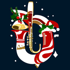 Illustration of a saxophone and a Christmas hat on a dark background Generative AI