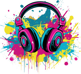 Headphones on the background of bright colored spots of paint, graffiti
